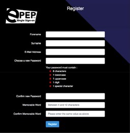 screenshot of ePEP registration form