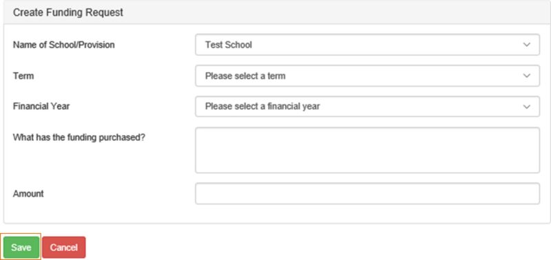 Screenshot of create funding request screen
