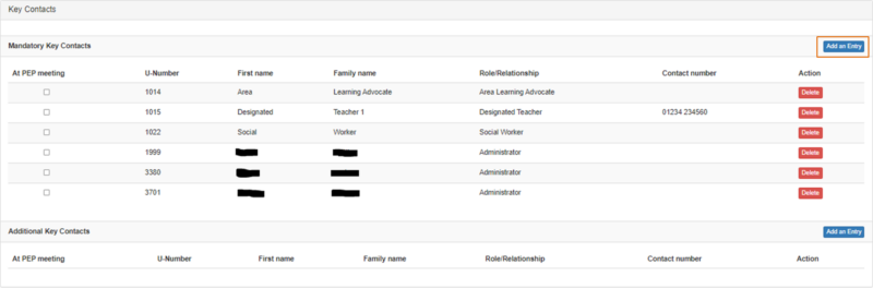 Screenshot of key contacts