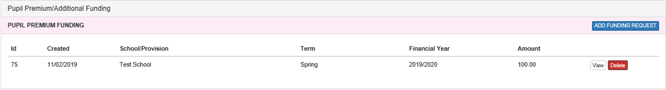Screenshot of pupil premium additional funding screen