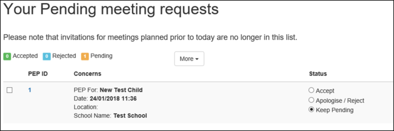 Screenshot of pending meeting requests