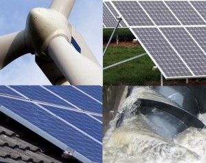 close-up images of: wind turbine; solar panel on grass; solar panel on roof tiles; water turbine