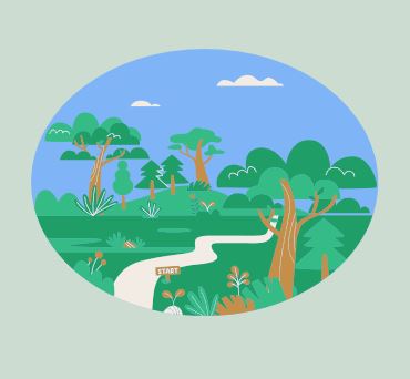 Graphic image of landscape with sky, trees, green fields and river.