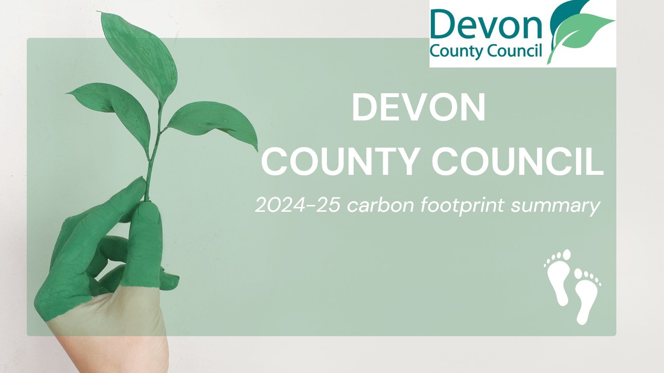 Devon County Council 2024-25 carbon footprint summary. Title image with image of hand holding a spring of leaves and image of footprints.