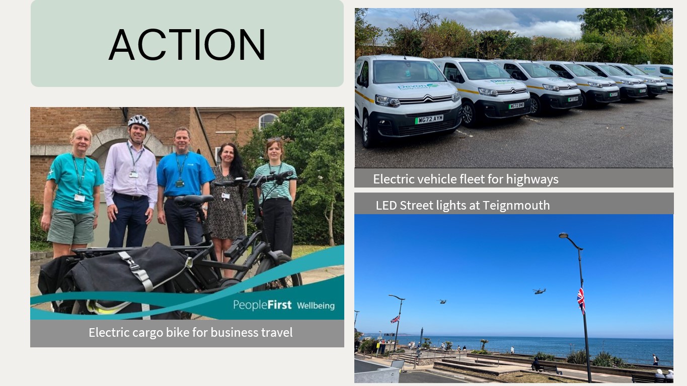 Action photos of people standing by electric cargo bike for business travel; electric vehicle for highways; and LED street lights for Teignmouth.