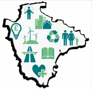 Map of Devon with icons reflecting the different core services provided by Devon County Council