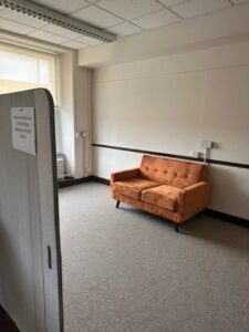 At the far end of the room, beyond the screen there is carpet. The walls are white and the carpet is beige. There is a comfy orange sofa on the carpet.