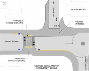 Plan of proposed raised crossing and priority crossing at Whipton Lane/Georges Close junction