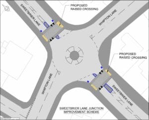 Plan of proposed raised crossings at Sweetbrier Lane/Whipton Lane roundabout