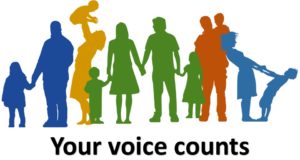 Outline of parents and children with the caption 'your voice counts'