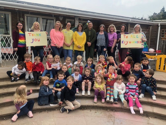 Staff and children at Cullompton Pre-School thanking keyworkers