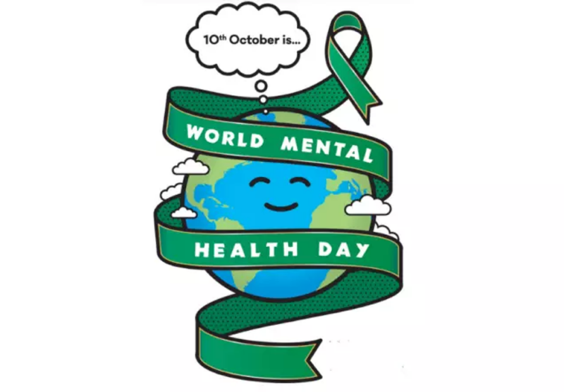 The planet earth with a smiling face with a green ribbon wrapped around it with the words 'world mental health day' on it.