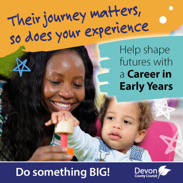 A lady is smiling and is helping a small child to stack colourful blocks. The caption above reads: 'Their journey matters, so does your experience'.
