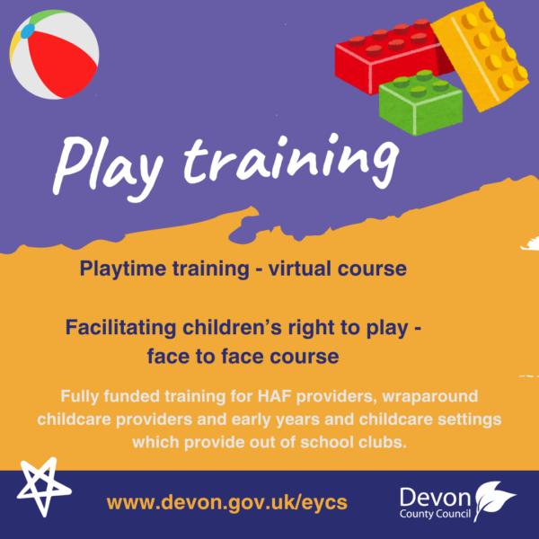 A poster for Play training. There is a beach ball and colourful blocks at the top of the flyer. 