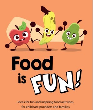 A red apple, a yellow banana and a green pear are smiling. The caption reads 'food is fun!'
