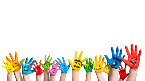 A group of hands in the air, painted in bright colours.