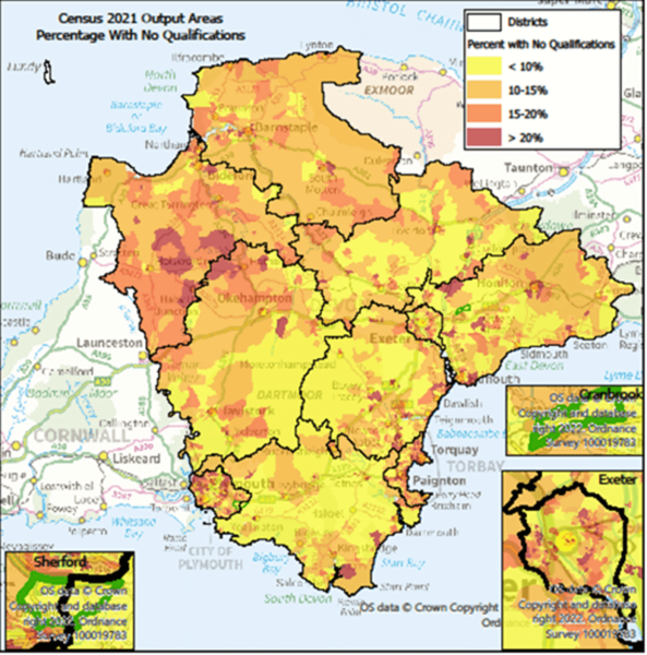 Map of the One Devon area at Output area. with Exeter, Cranbrook and Sherford highlighted. The data shows percentage of Usual Residents with no Qualifications. There are notes below on the highlights.