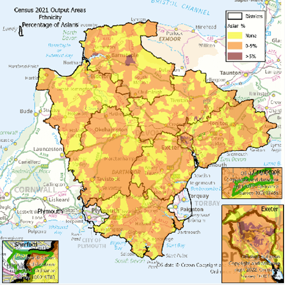 Map of the Devon CC area at Output area. with Exeter, Cranbrook and Sherford highlighted. The data shows percentage of the population Asian . There are notes below on the highlights.