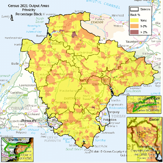 Map of the Devon CC area at Output area. with Exeter, Cranbrook and Sherford highlighted. The data shows percentage of the population Black. There are notes below on the highlights.