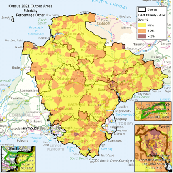 Map of the Devon CC area at Output area. with Exeter, Cranbrook and Sherford highlighted. The data shows percentage of the population Other. There are notes below on the highlights.