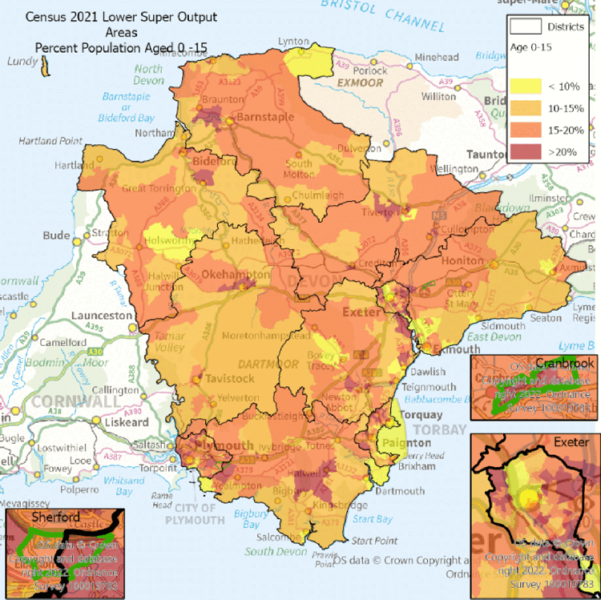 This map of the One Devon area at Lower Super Output Area (LSOA) and shows the Percent Population Aged 0-15. There are enlarged maps of Exeter, Cranbrook and Sherford.  The text below explains some of the highlights.