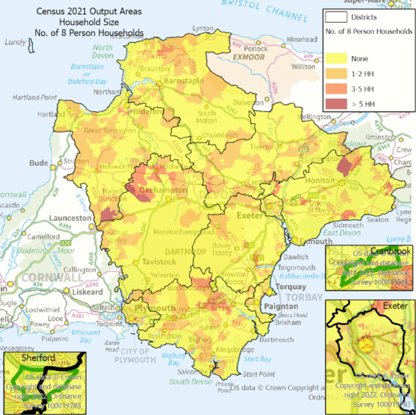 This map of the One Devon area at Output Area (OA) and shows the number of 8 person households. There are enlarged maps of Exeter, Cranbrook and Sherford.  The bands are none, 1 to 2, 3 to 5 and > 5. The text below explains some of the highlights.