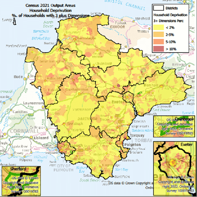 Map of the One Devon area at Output area. with Exeter, Cranbrook and Sherford highlighted. The data shows percentage of households with 3 or 4 Dimensions of Deprivation. There are notes below on the highlights.