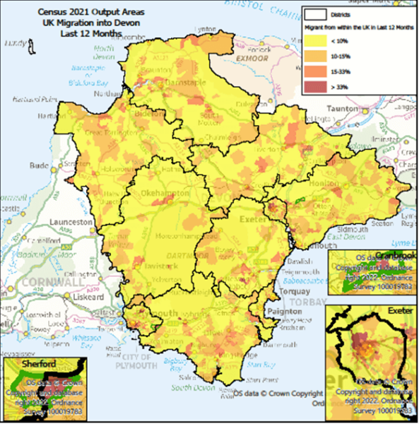Map of the One Devon area at Output area. with Exeter, Cranbrook and Sherford highlighted. The data shows percentage of Usual Residents who have migrated into Devon from Inside of  the UK in the last 12 Months. There are notes below on the highlights.