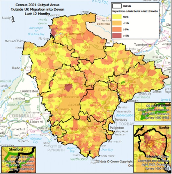 Map of the One Devon area at Output area. with Exeter, Cranbrook and Sherford highlighted. The data shows percentage of Usual Residents who have migrated into Devon from Outside the UK in the last 12 Months. There are notes below on the highlights.