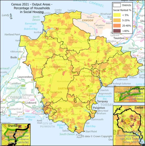 Map showing percentage of households living in Social Housing.  Map is of Devon at Output Area level with Exeter, Cranbrook & Sherford highlighted- there are some notes below the map.