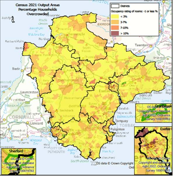 Map showing percentage of households in Overcrowded Housing.  Map is of Devon at Output Area level with Exeter, Cranbrook & Sherford highlighted- there are some notes below the map.