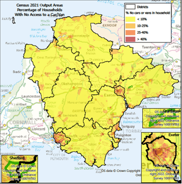Map showing percentage of households with No Access to a Car/Van.  Map is of Devon at Output Area level with Exeter, Cranbrook & Sherford highlighted- there are some notes below the map.