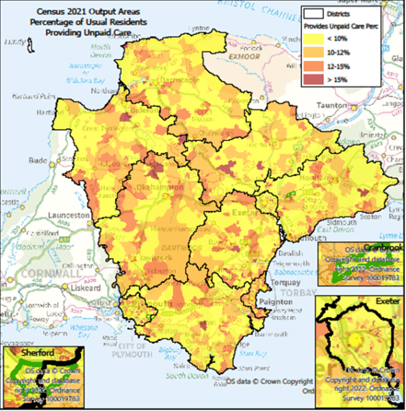 Map showing percentage of Usual Residents who provide Unpaid Care.  Map is of Devon at Output Area level with Exeter, Cranbrook & Sherford highlighted- there are some notes below the map.