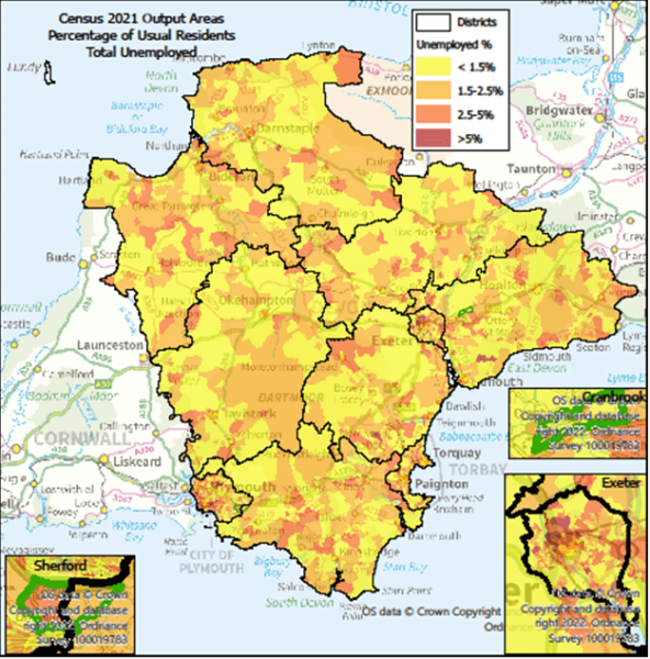 Percentage of Usual Residents who are Unemployed.  Map is of Devon at Output Area level with Exeter, Cranbrook & Sherford highlighted- there are some notes below the map.