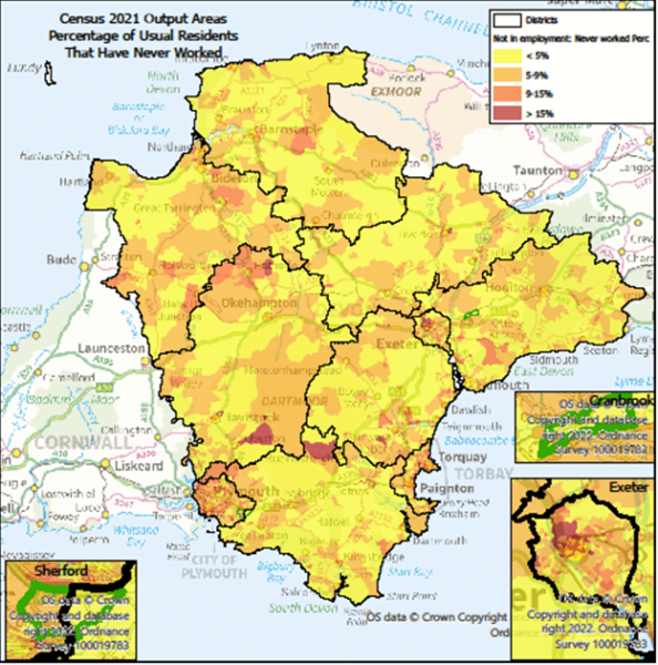 Percentage of Usual Residents who have Never Worked.  Map is of Devon at Output Area level with Exeter, Cranbrook & Sherford highlighted- there are some notes below the map.