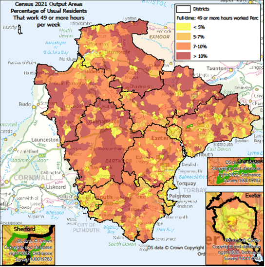 Percentage of Usual Residents That Work 49 or More Hours Per Week.  Map is of Devon at Output Area level with Exeter, Cranbrook & Sherford highlighted- there are some notes below the map.