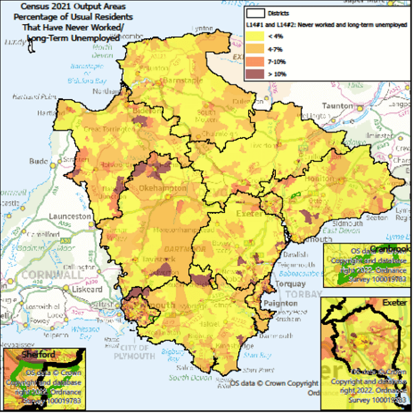 Percentage of Usual Residents That Never Worked or are Long-term Unemployed.  Map is of Devon at Output Area level with Exeter, Cranbrook & Sherford highlighted- there are some notes below the map.