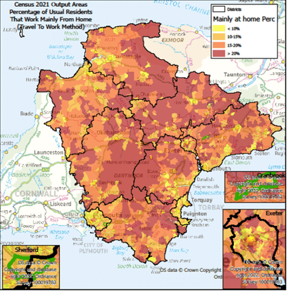 Percentage of Usual Residents Travelling To Work - Mainly Working at Home  Map is of Devon at Output Area level with Exeter, Cranbrook & Sherford highlighted- there are some notes below the map.