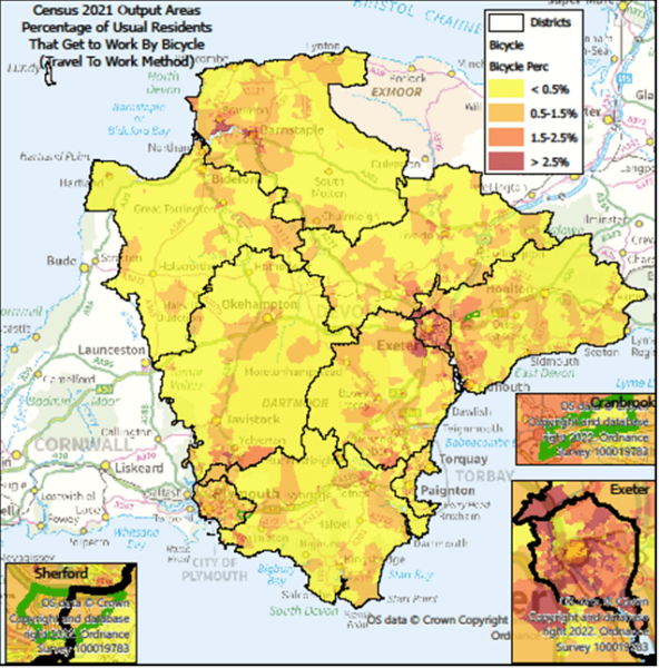 Percentage of Usual Residents Travelling To Work - by Bicycle.  Map is of Devon at Output Area level with Exeter, Cranbrook & Sherford highlighted- there are some notes below the map.