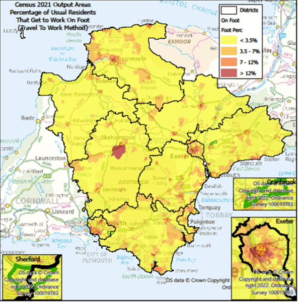 Percentage of Usual Residents Travelling To Work - On Foot.  Map is of Devon at Output Area level with Exeter, Cranbrook & Sherford highlighted- there are some notes below the map.