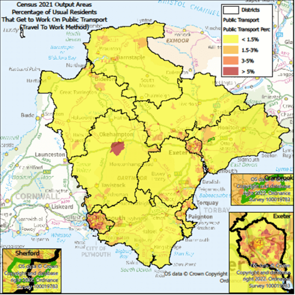 Percentage of Usual Residents Travelling To Work - On Public Transport.  Map is of Devon at Output Area level with Exeter, Cranbrook & Sherford highlighted- there are some notes below the map.