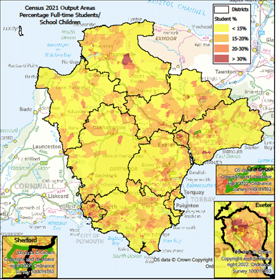 Map of the One Devon area at Output area. with Exeter, Cranbrook and Sherford highlighted. The data shows percentage of households with 3 or 4 Dimensions of Deprivation. There are notes below on the highlights.