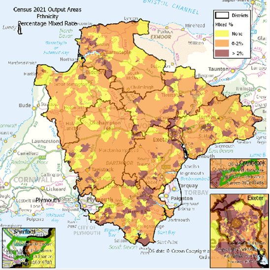 Map of the Devon CC area at Output area. with Exeter, Cranbrook and Sherford highlighted. The data shows percentage of the population Mixed Race . There are notes below on the highlights.
