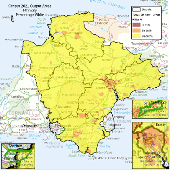 Map of the Devon CC area at Output area. with Exeter, Cranbrook and Sherford highlighted. The data shows percentage of the population White . There are notes below on the highlights.