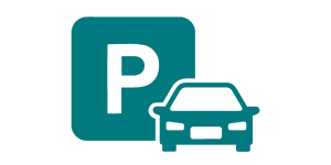 An image of a car and a sign with a P for Parking.