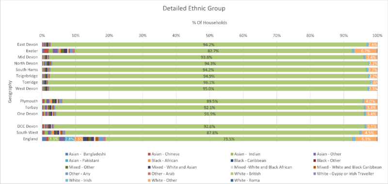 Detailed Ethnic Group Chart for the eight Districts, Devon CC area, Plymouth, Torbay, One Devon with SW and England. The data is at Usual Resident level There are 19 different categories.  The data comes from the preceding table and there are some notes below this chart.