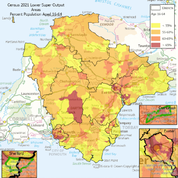 This map of the One Devon area at Lower Super Output Area (LSOA) and shows the Percent Population Aged 16-64. There are enlarged maps of Exeter, Cranbrook and Sherford.  The text below explains some of the highlights.