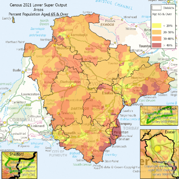 This map of the One Devon area at Lower Super Output Area (LSOA) and shows the Percent Population Aged 65 and over. There are enlarged maps of Exeter, Cranbrook and Sherford.  The text below explains some of the highlights.