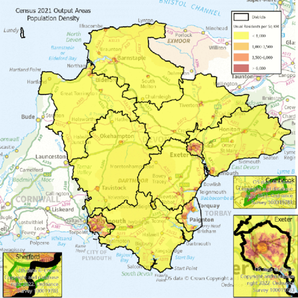 This map of the One Devon area at Output Area (OA) and shows the Percent Usual Residents density per SQ KM. There are enlarged maps of Exeter, Cranbrook and Sherford.  The text below explains some of the highlights.
