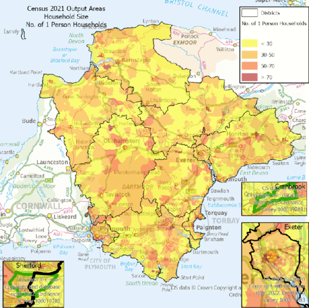 This map of the One Devon area at Output Area (OA) and shows the number of one person households. There are enlarged maps of Exeter, Cranbrook and Sherford.  The text below explains some of the highlights.